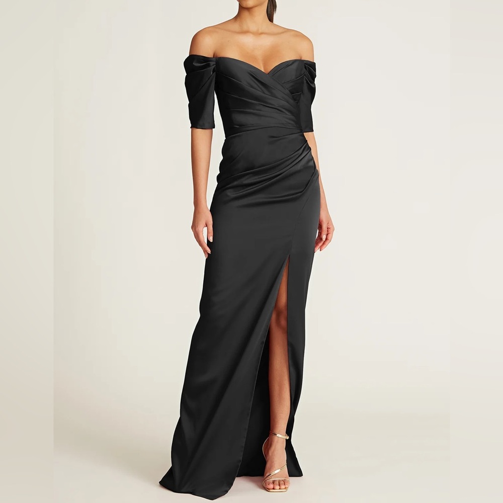 Theia Strapless Black Satin Off-Shoulder Gown with Side Slit